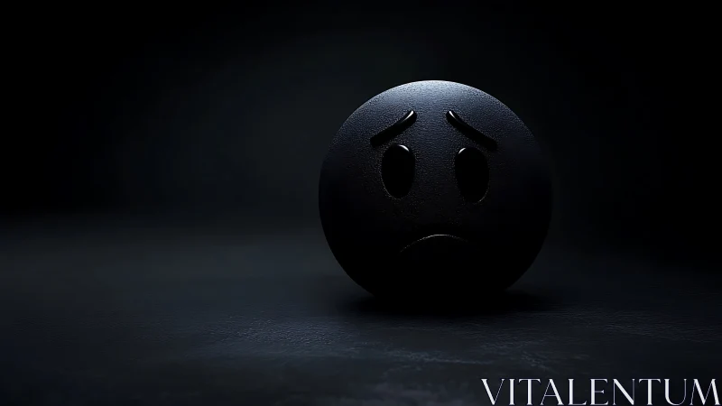 Melancholic matte black emoji sphere under low key lighting
