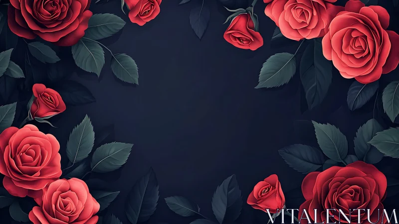 Red roses with dark foliage arranged on black background space