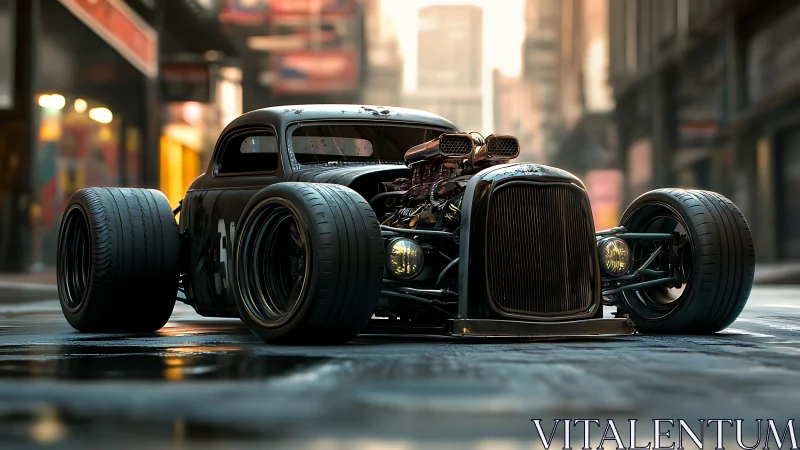 Street-ready hot rod in a neon-slicked urban morning glow.