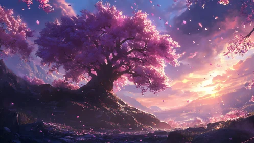 Spectral cherry blossom tree under volumetric sunset sky.