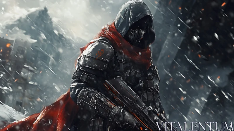 Hooded cyber soldier stalks frozen war-torn cityscape.
