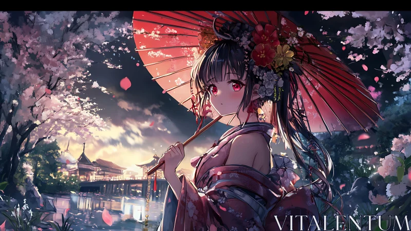 Girl in kimono under parasol amid evening cherry blossoms.