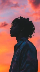 Silhouetted figure contemplates under vivid sunset sky.