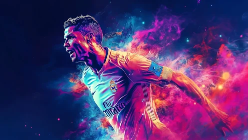 Dynamic football striker explodes through neon color clouds.