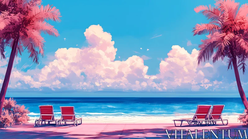 Cotton candy clouds over a sunlit, dreamy beach escape.
