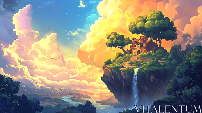 Floating Manor Beneath Golden Clouds at Sunrise.