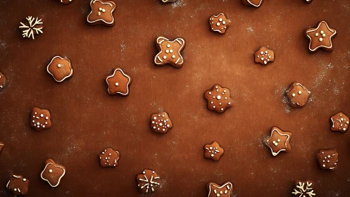 Spiced gingerbread cookies scatter over warm wooden table.