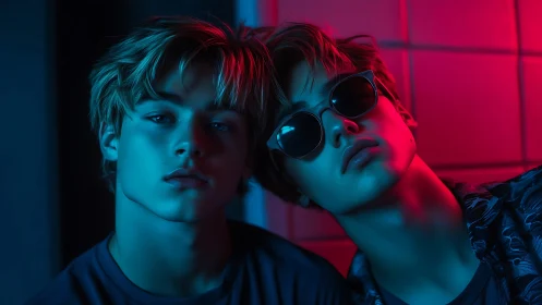 Dual-portrait neon rim lighting on two teens in blue magenta glow.