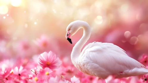 Soft flamingo drifts through a dream of blushing cosmos blooms