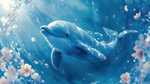 Iridescent dolphin glides through floral-tinted ocean light.