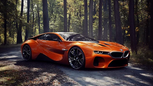 Orange BMW concept supercar on forest road at dusk.