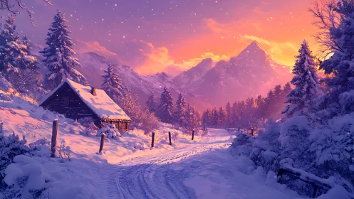 Snow-kissed cabin watches twilight ignite the winter peaks