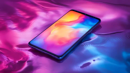 Modern smartphone on vibrant liquid surface, digital art style.
