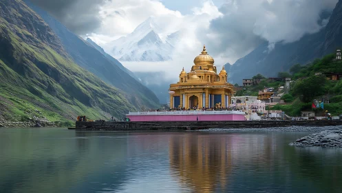 Golden riverside temple beneath towering snowy peaks.