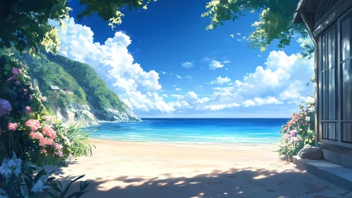 Coastal landscape depicts beach, house, vegetation, and sea