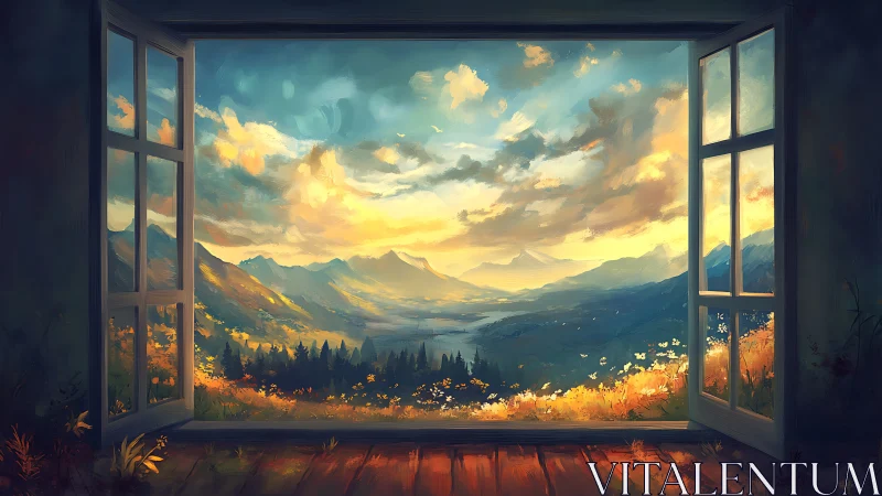 Open window frames layered mountain landscape at sunset