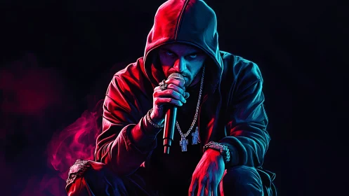 Hooded neon rapper crouching in dramatic dual lighting.