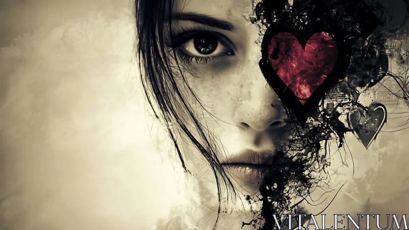Silent gaze with fractured heart mask in digital chiaroscuro.