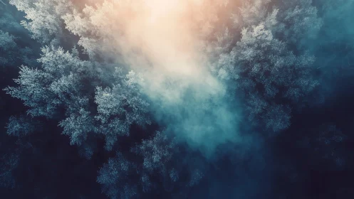 Fog diffuses warm light over dense frosted treetop canopy