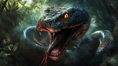 Venomous snake lunges forward in dense rainforest setting