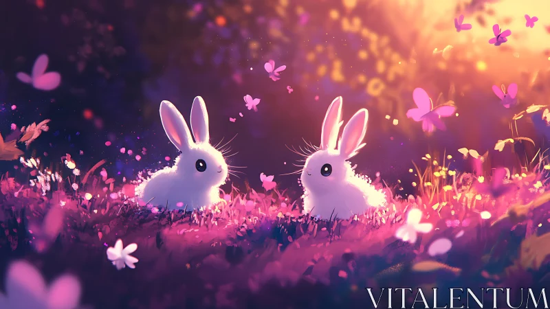 Two glowing rabbits share a magical sunset meadow moment
