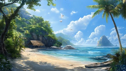 Tropical beach scene with vegetation and limestone formations