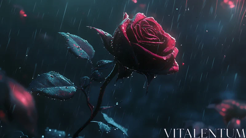 Red rose stem in rainfall with dark blue background.