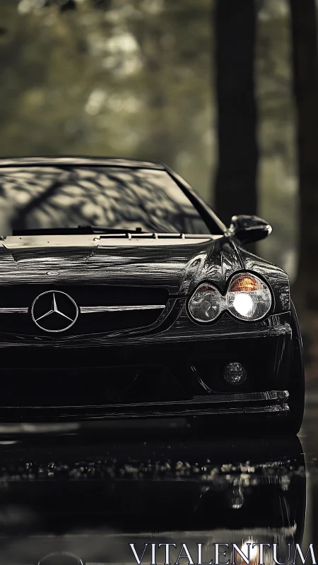 Low-key automotive portrait of black Mercedes front fascia.