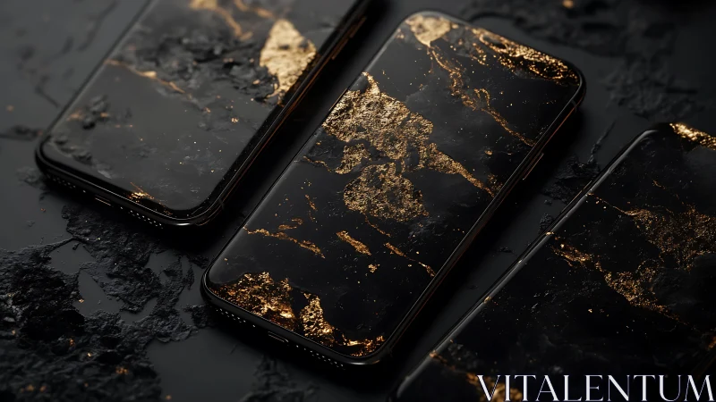 Gilded midnight smartphones shimmering with molten luxury.