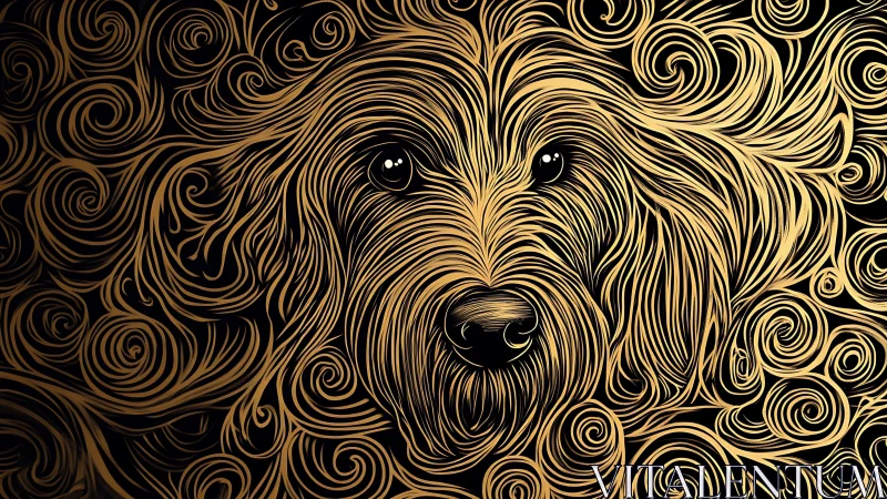 Golden linework canine portrait with swirling abstract fur.