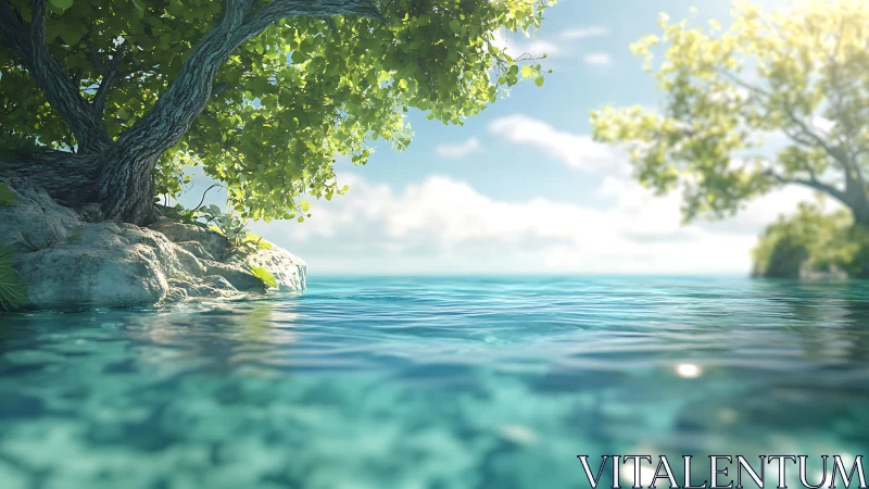 Tree-lined rocky shore meets shallow turquoise coastal water