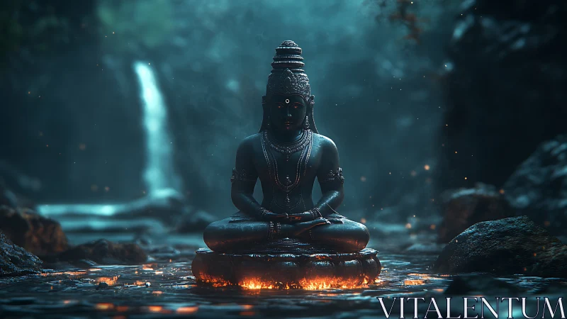 Meditating stone deity glows over molten river pool.