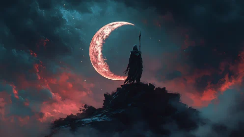 Crescent moon sentinel crowns a storm of crimson clouds