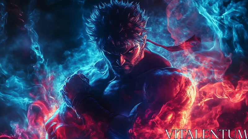 Fiery anime warrior ignites in dramatic blue and red energy