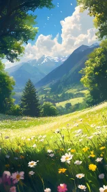 Mountain valley landscape is depicted with wildflower meadow