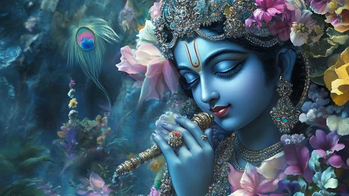Blue-skinned deity portrait renders jeweled flute and floral halo
