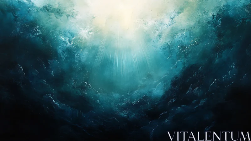 Underwater light shaft in deep teal and dark blue environment.