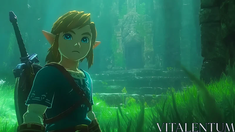 Heroic elf warrior stands before a misty ancient forest ruin