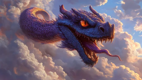 Iridescent sky serpent dragon head emerging through sunset clouds