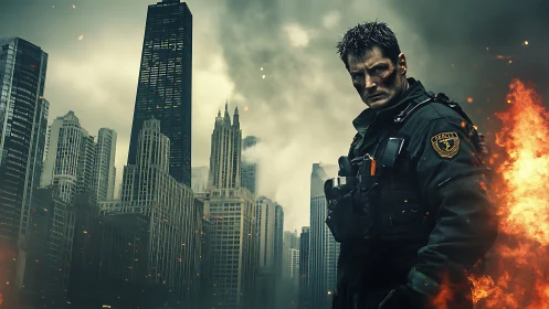 Heavily armed tactical officer stands in burning, smoke-filled skyline