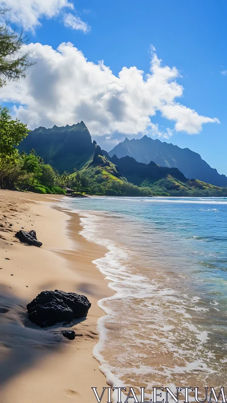 Kalalau Beach Coastal Landscape with Verdant Mountain Cliffs.
