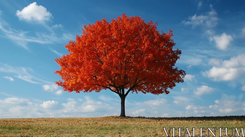 Fiery autumn tree standing bright beneath a calm blue sky.