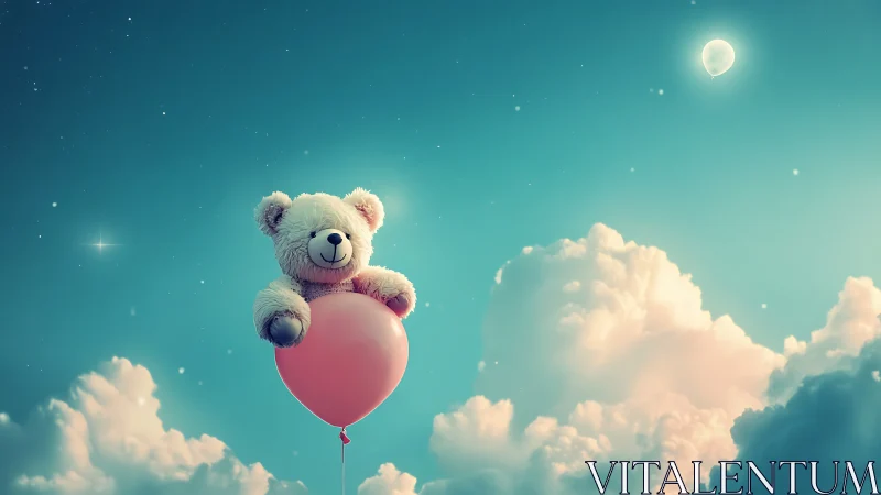 Plush bear suspended on balloon in pastel cloudscape sky.