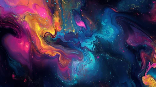Neon fluid nebula swirls merge within deep cosmic blues