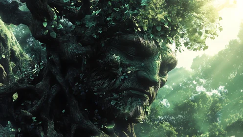 Ancient tree creature face emerges from dense forest canopy