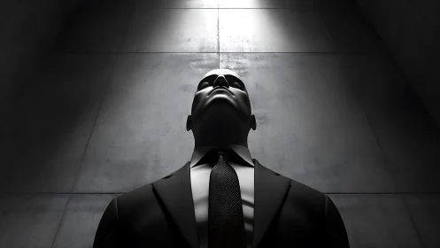 Silent concrete chamber with a towering suited figure.