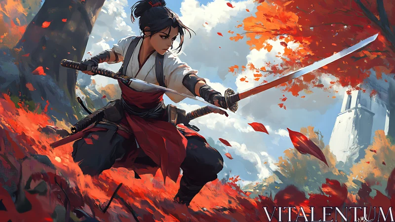 Focused samurai warrior poised amid swirling autumn leaves.