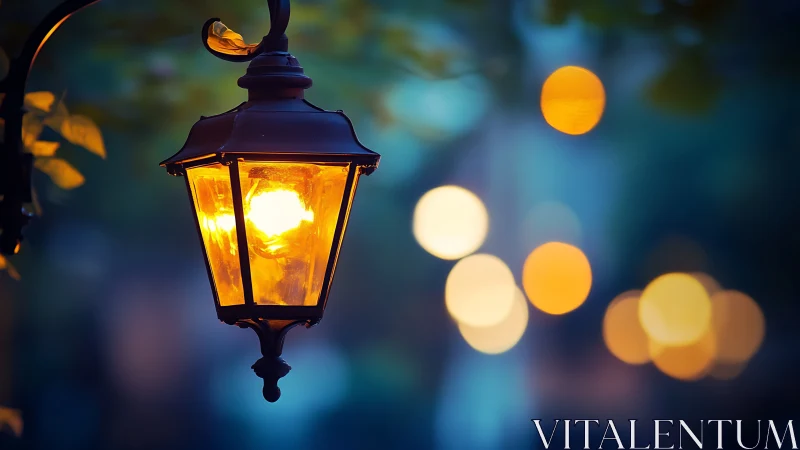 Gas-style street lantern with shallow depth and warm bokeh glow.