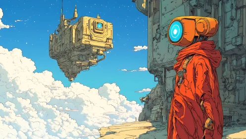 Robe clad android watching floating sci fi fortress above clouds.