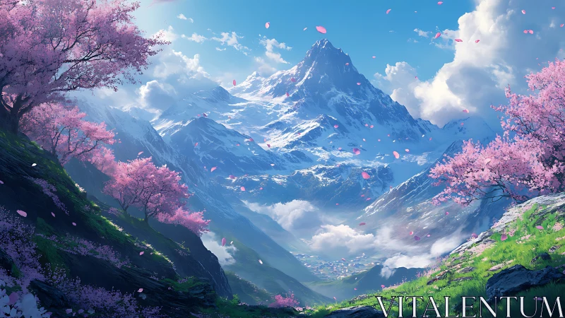 Snow-covered mountain ridge rises above valley with blossoms